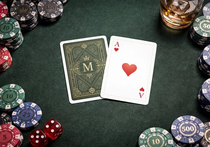 Fichas y cartas en una mesa de casino online